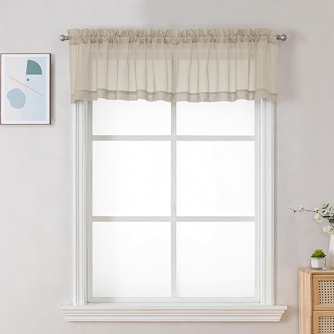 Chyhomenyc Sheer Taupe Valances for Windows 2 Pack, Small Window Curtains for Living Room Bathroom Cafe Laundry Basement, Modern Top Dual Rod Pocket Voile Curtain, 42W x 18L inches, Taupe