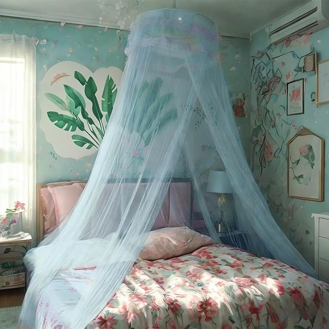 Eimilaly Lace Bed Canopy Mosquito Netting, Princess Bed Canopy for Girls Room Decor, Blue/Single Door