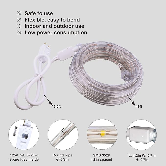 LED Rope Lights, 16ft Warm White Strip Lights, Connectable and Flexible Tape Lights with Fuse Holder, Clear Thick PVC Jacket and High Brightness Advanced LEDs, Waterproof for Indoor Outdoor Use