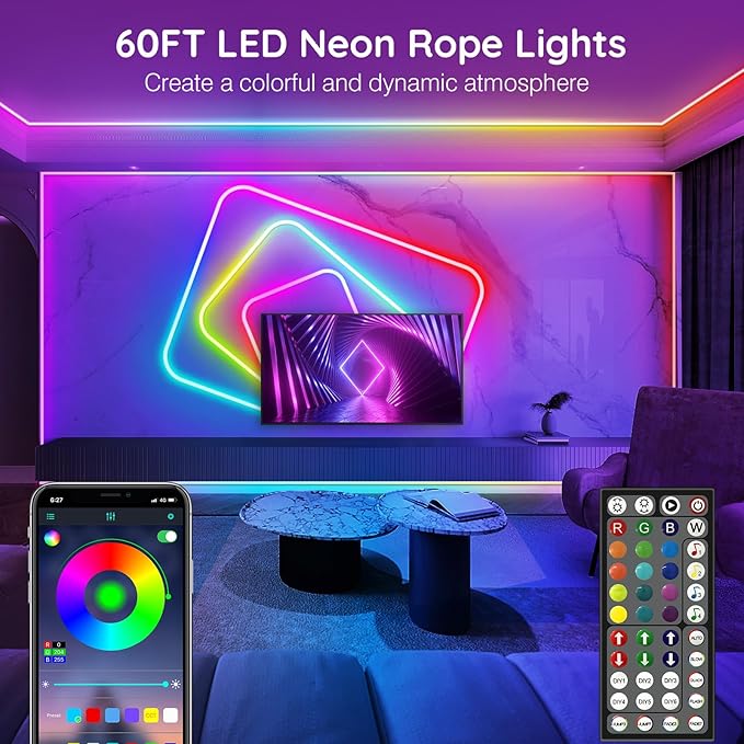 AILBTON 60Ft Neon Rope Lights,Flexible Led Rope Lights Control with App/Remote,Multiple Modes Rope Lights,IP65 Outdoor RGB Led Neon Light Waterproof,Music Sync Gaming