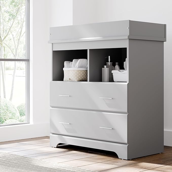 Storkcraft Brookside 2 Drawer Changing Table Dresser (Pebble Gray) – GREENGUARD Gold Certified, Easy-to-Match Chest of Drawers and Cubbies for Nursery and Kids Bedroom, Includes Changing Table Topper