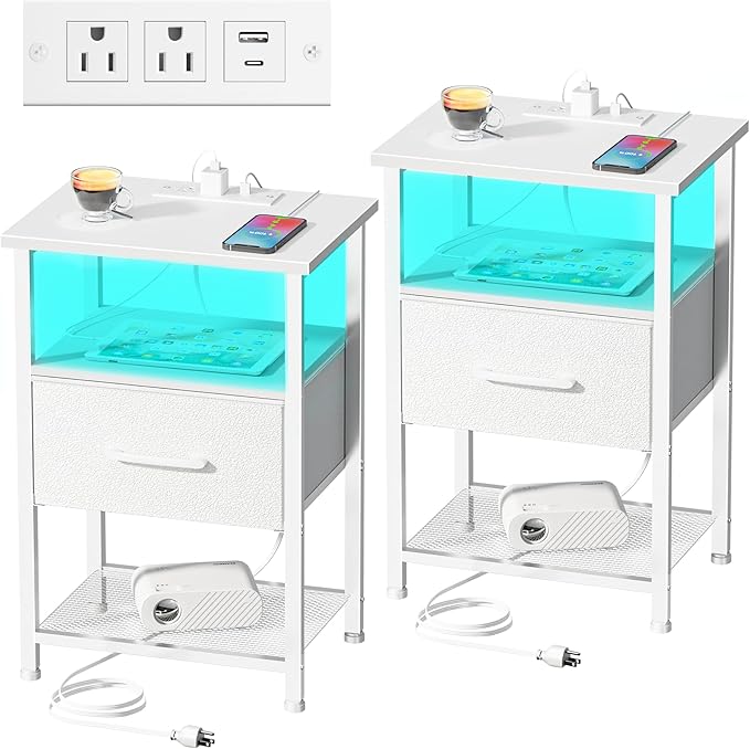 Nightstands Set of 2 with Charging Station and Drawer, End Table Bedside Table with 20 Colors LED Light Strip and 2 Layers Shelf for Bedroom Living Room Sofa Couch (White)