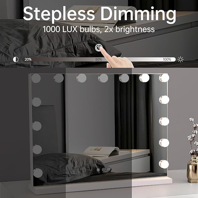 Hollywood Vanity Mirror with Lights, 23"x18" Lighted Makeup Mirror for Desk/Wall Mount with 15 Led Bulbs, 3 Lighting Modes for College Dorm, Bedroom & Dressing Room (White)