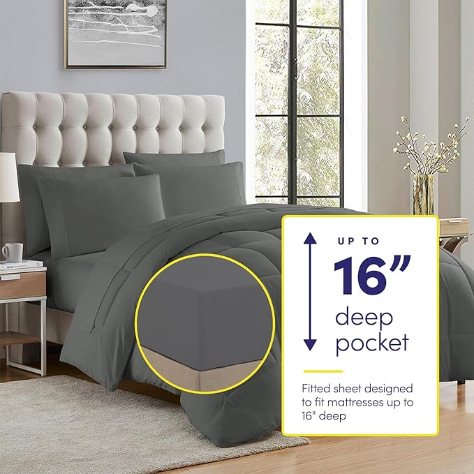 California King Comforter Set - Soft & Breathable 7-Piece Bedding Collection - 1 Comforter, 1 Fitted Sheet, 1 Flat, 4 Pillowcases - Deep Pocket - Premium Quality - Ideal for All Seasons, Gray