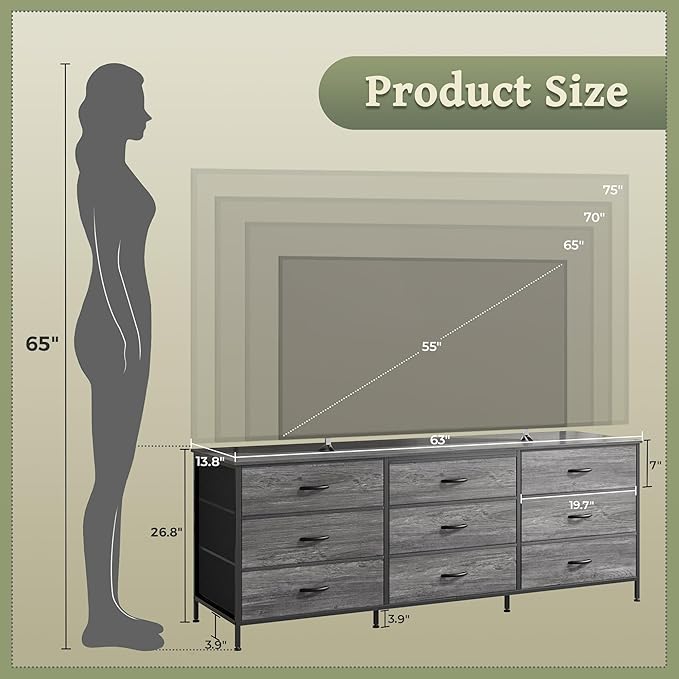 Huuger 63 Inch Dresser for Bedroom, Long Dresser for Closet with 9 Drawers, Large TV Stand for 55, 65, 70 Inch TV, Entertainment Center with Storage, Wide Chest of Drawers, Grey