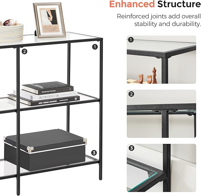 VASAGLE 39.4 Inch Console Table with 3 Shelves, Sofa Tables, Modern Entryway Table, Metal Frame, Tempered Glass Shelf, Entryway Living Room Bedroom, Classic Black and Transparent ULGT027B01