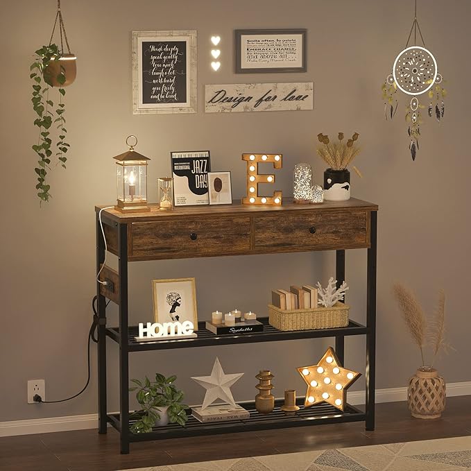 Ecoprsio Entryway Table with Outlets and USB Ports, Console Table with 2 Drawers, Small Sofa Table with Storage Shelves for Living Room, Couch, Hallway, Foyer, Kitchen Counter, 32'', Rustic