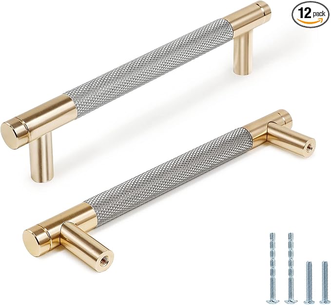Knurled Cabinet Pulls 12 Pack, 6 Inch Long Cabinet Handles Metal Door Pulls, Kitchen Drawer Pull Knurled Dresser Handles - 5" Hole to Hole, Grey & Gold