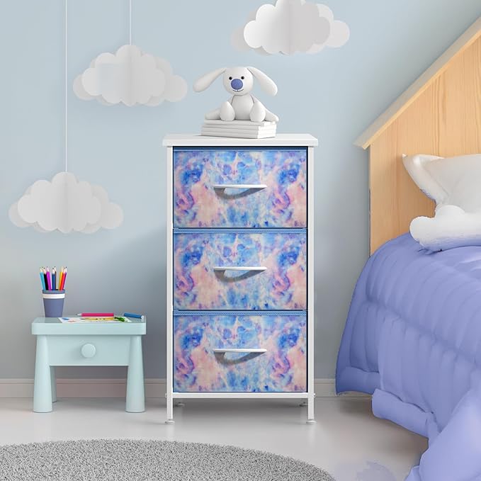 Sorbus Nightstand with 3 Drawers - Bedside Furniture & Accent End Table Chest for Home, Bedroom, Office, College Dorm, Steel Frame, Wood Top, Easy Pull Fabric Bins (3-Drawer, Pastel Tie-dye)