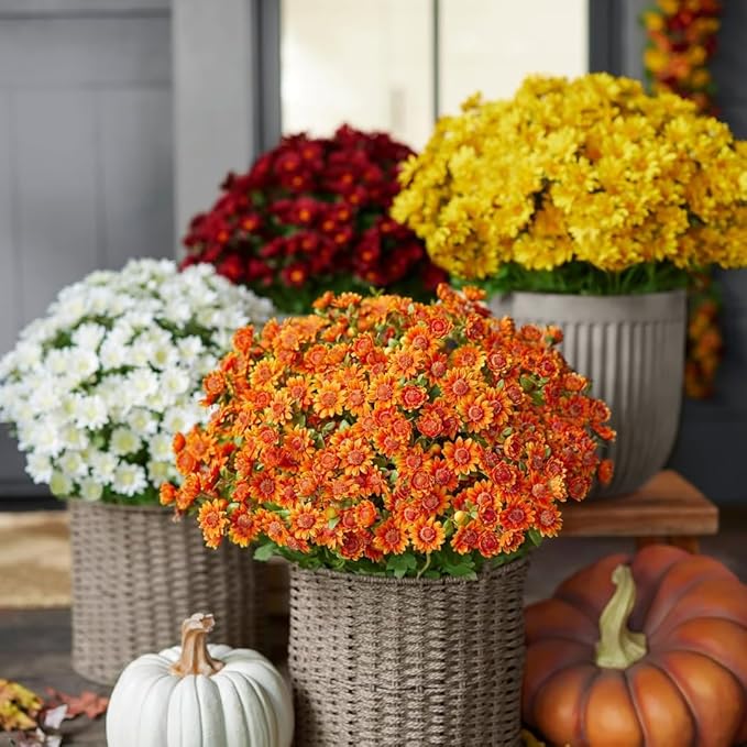 Artificial Mums for Outdoors, Faux Sunset Mum Flowers Planters for Indoor Outside Decor, Fake Look Real, Vibrant, UV Resistant, Waterproof, Windproof (Yellow, 10 Bundle)