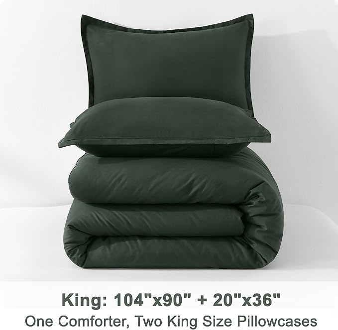 Litanika Forest Green Comforter King Size, 3 Pieces Lightweight Solid Bedding Comforter Set, All Season Fluffy Bed Set (104x90In Comforter & 2 Pillowcases)