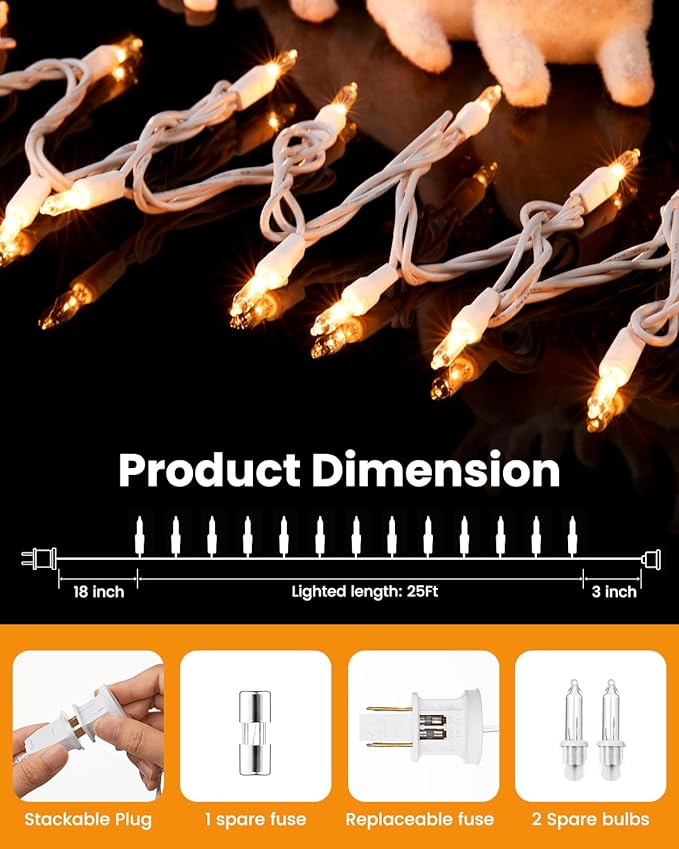 Minetom Clear Christmas Lights Set 100 Count 25 Feet Incandescent Bulb Mini String Lights for Indoor Christmas Tree Garland Birthday Wedding Party Festival Decoration, White Wire