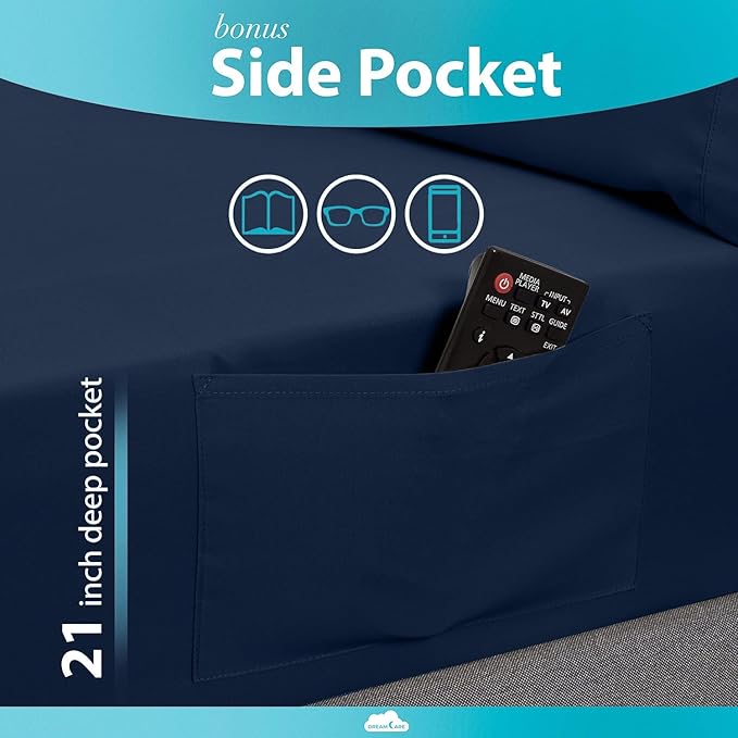 DREAMCARE Queen Sheet Set – 6 pcs Cooling Bed Sheets – up to 21” Deep Pocket Queen Sheets Set – 2500 Supreme Collection – Extra Soft 100% Brushed Microfiber Hotel Luxury with Side Pocket – N Blue