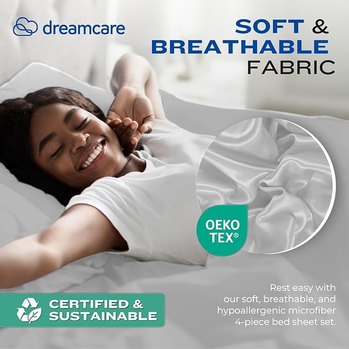 DREAMCARE Full Size Sheets - Cooling Bed Sheets - 4pcs Set - up to 15" Deep Pocket Full Sheet Set - Sheets Full Size Bed - Soft & Long Lasting 100% Fine Brushed Polyester with Side Pocket - LightGray