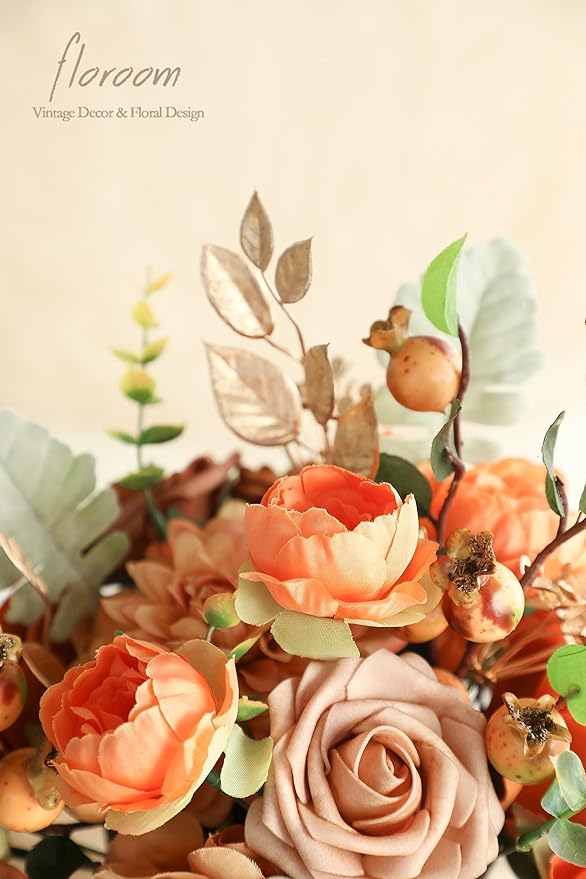 Floroom Artificial Greenery Stems Box Set, 63pcs with 7 Kinds of Faux Greenery Flowers Picks for DIY Bridal Bouquets Wedding Floral Arrangement Table Centerpieces, Burnt Orange & Green
