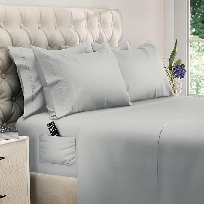 DREAMCARE King Size Sheets Set – 6 pcs Cooling Bed Sheets – up to 21” Deep Pocket King Sheet Set – 2500 Supreme Collection – Extra Soft 100% Brushed Microfiber Hotel Luxury with Side Pocket – L Gray