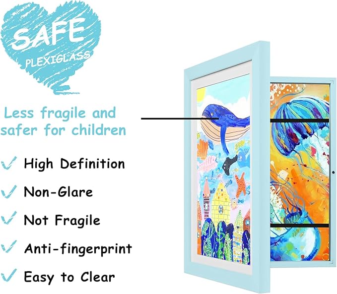 KINLINK 9x12 Kids Art Frames Set of 2, Solid Wood Kids Artwork Frames Changeable with Acrylic Front Opening Holds 150 Pictures, Art Frame for Kids Artwork with Mat or without Mat, Light Blue