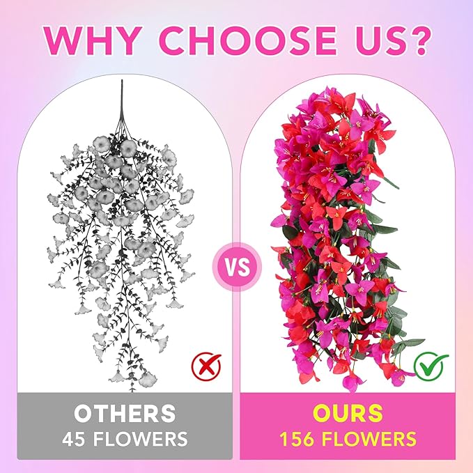 Artificial Bougainvillea Flowers for Outdoor Plant,2 pcs Faux Hanging Flowers Bougainvillea for Outside Decoration,Fake Silk UV Resistant Vines for Front Door Porch(Rose red+Fuchsia)