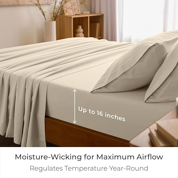 Mellanni Full Sheets Set - 4 PC Iconic Collection Bedding - Hotel Luxury, Extra Soft, Cooling Bed Sheets - Wrinkle, Fade, Stain Resistant (Full, Beige)