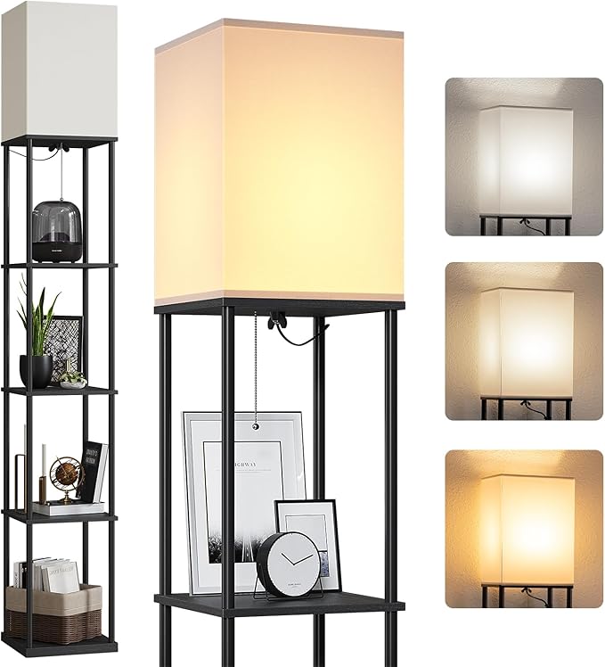 SUNMORY 5 Tier Floor Lamp with Shelves, Modern Square Standing Lamp with 3 Color Temperature Bulb, Corner Display Bookshelf Lamp for Living Room and Bedroom, Tall Shelf Floor Lamp