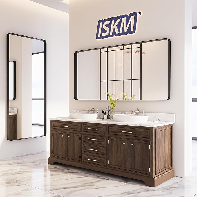 ISKM Black Bathroom Mirror for Wall 48" x 40" Matte Black Framed Vanity Mirror Anti-Rust, Tempered Glass, Rounded Rectangle Mirror(Horizontal/Vertical)