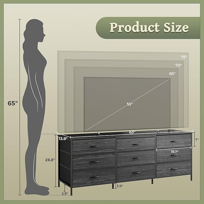Huuger 63 Inch Dresser for Bedroom, Dresser for Closet with 9 Drawers, Large TV Stand for 55, 65, 70 Inch TV, Entertainment Center, Wide Long Chest of Drawers, Charcoal Black Wood Grain Print