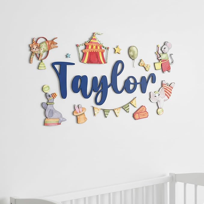 Custom Nursery Name Sign with Themed Decor Kit | Personalized Wooden Wall Art for Baby, Kids Room | Space, Jungle, Circus, Under the Sea, Woodland, Rainbow (40", Circus)