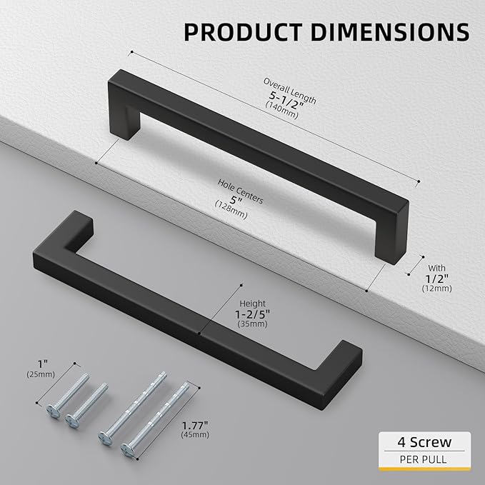goldenwarm 150 Pack 5 Inch Black Cabinet Handles Matte Black Drawer Pulls Stainless Steel Cabinets Hardware Square Bar Modern for Kitchen Bathroom Cupboard