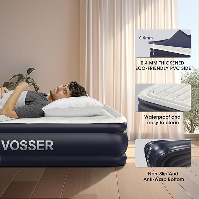 Air Mattress Queen with Built in Pump,18'' Inflatable Mattress of Vertical Beams,Self Inflatable/Deflation Blow Up Mattress in 3 Mins,Flocked Top Airbed with Carry Bag for Home, Camping