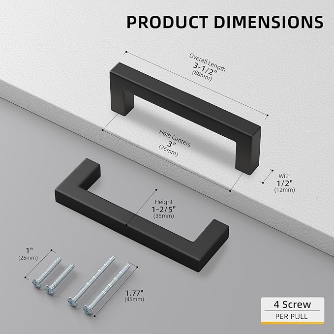 Goldenwarm 1 Pack Black Square Bar Cabinet Pull Drawer Handle Stainless Steel Modern Hardware for Kitchen and Bathroom Cabinets Cupboard, Center to Center 3in (76mm)