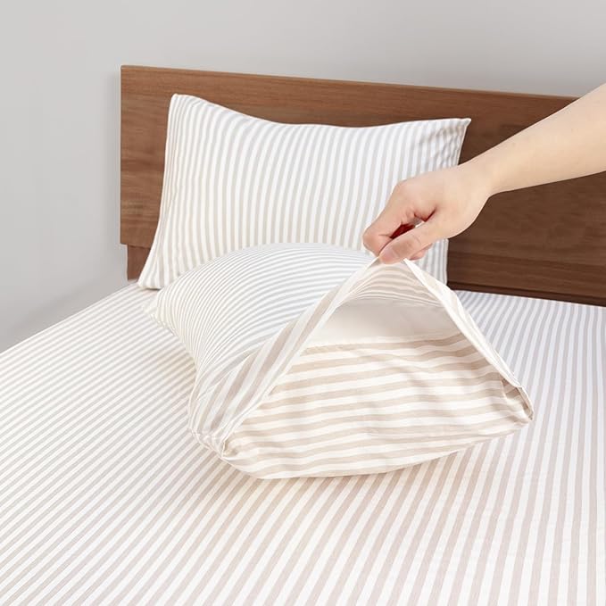 Mejoroom Striped Full Size Sheets - 1800TC Luxury Full Sheets with 16 Inch Deep Pocket - Premium Bedding Collection - Extra Soft, Breathable, Wrinkle, Fade & Stain Resistant - 4 Piece (Beige Stripe)