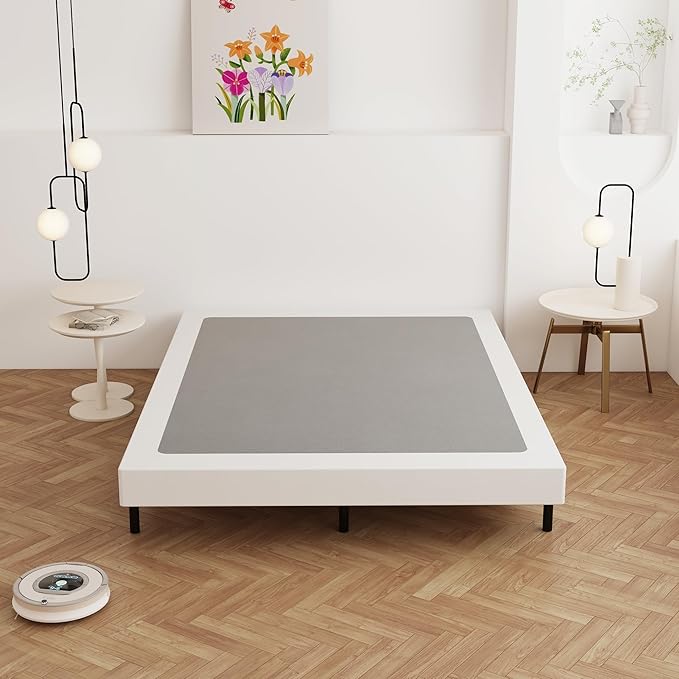 Cal King Box Spring 4 Inch Low Profile, Heavy Duty Metal Box Spring Bed Base with Fabric Cover, Mattress Foundation, Easy Assembly, Noise Free, Black