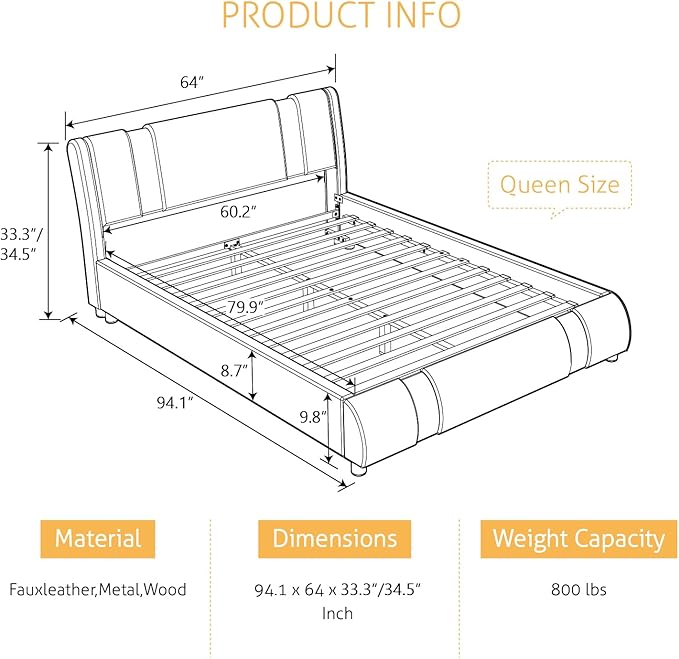 SHA CERLIN Queen Platform Bed Frame with Iron Pieces Decor and Adjustable Headboard/Deluxe Upholstered Modern Bed with Solid Wooden Slats Support/No Box Spring Needed, White