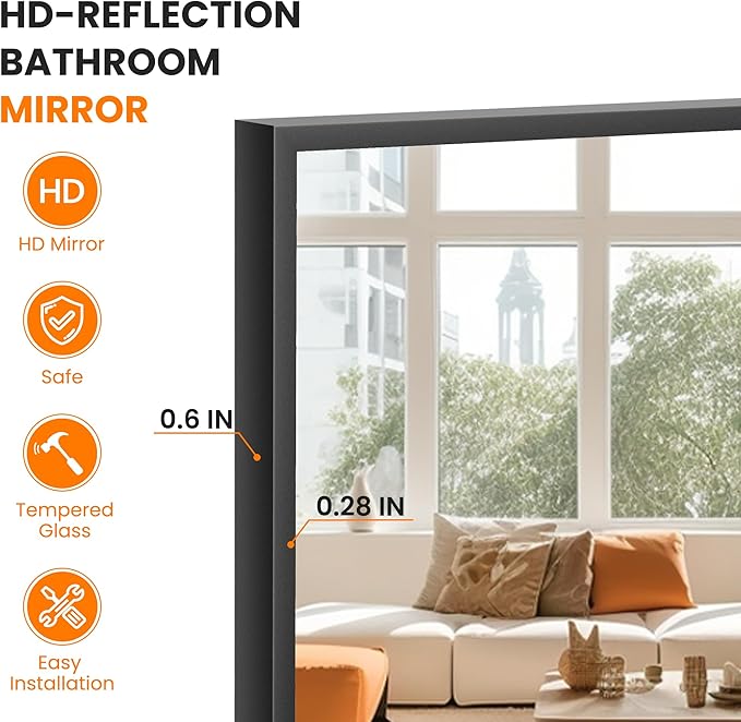 Bathroom Vanity Mirror for Wall, 55" x 30" Metal Framed Rectangular Bathroom Wall Mirror for Over Sink, HD Shatterproof Glass, Hangs Horizontally or Vertically(Black)