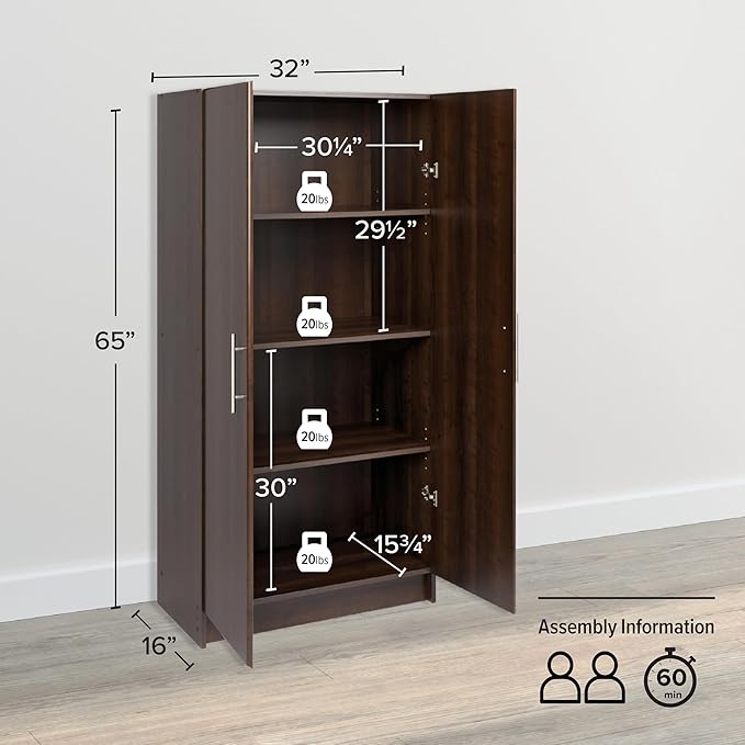 Prepac Elite Tall Garage Storage Cabinet & Pantry Storage Cupboard, 2-Door Freestanding Bathroom or Pantry Cabinet with Adjustable Shelves, 16" D x 32" W x 65" H, Espresso