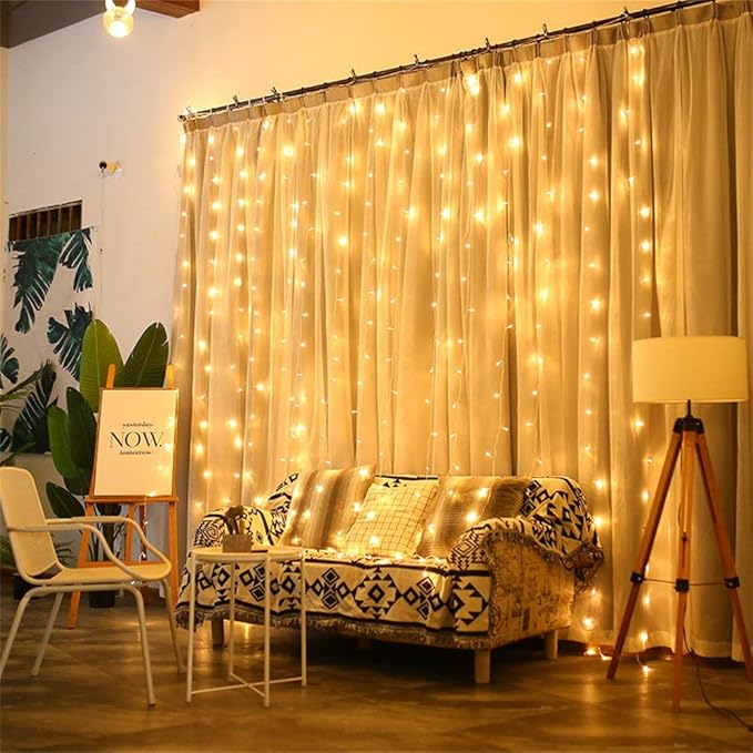 YEOLEH String Lights Curtain,USB Powered Fairy Lights for Party Bedroom Wall,8 Lighting Modes & IP64 Waterproof Ideal for Wedding Valentines Day Decor (Warm White)