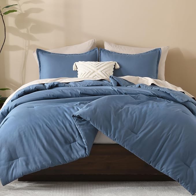 Litanika Haze Blue Comforters Oversized Queen Size, 3 Pieces Lightweight Solid Bedding Comforter Set, All Season Fluffy Bed Set (98x98In Comforter & 2 Pillowcases)