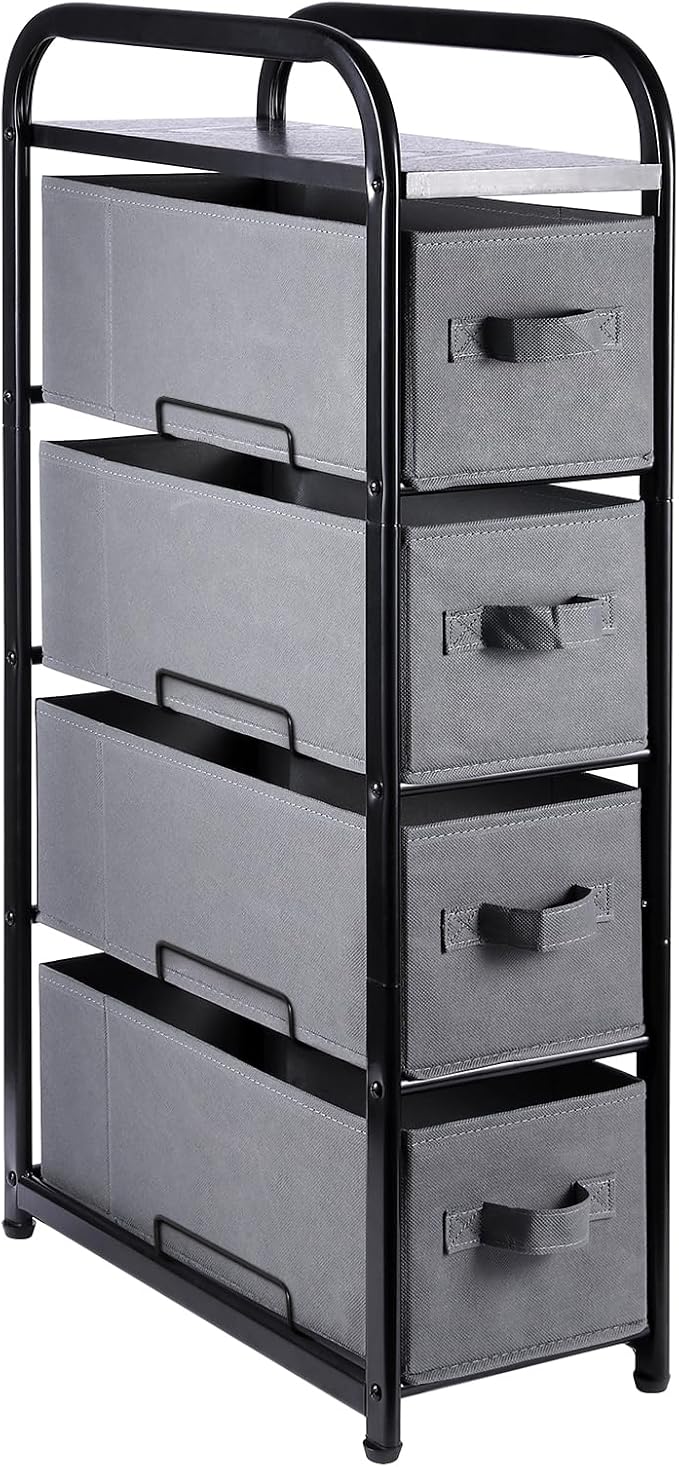 MAX Houser 4 Drawer Narrow Dresser Fabric Storage Tower Vertical Slim Storage Chest Organizer Nightstand Side/End Table Small Standing Organizer Removable Drawers Wood Top for Bedroom, Bathroom（Grey