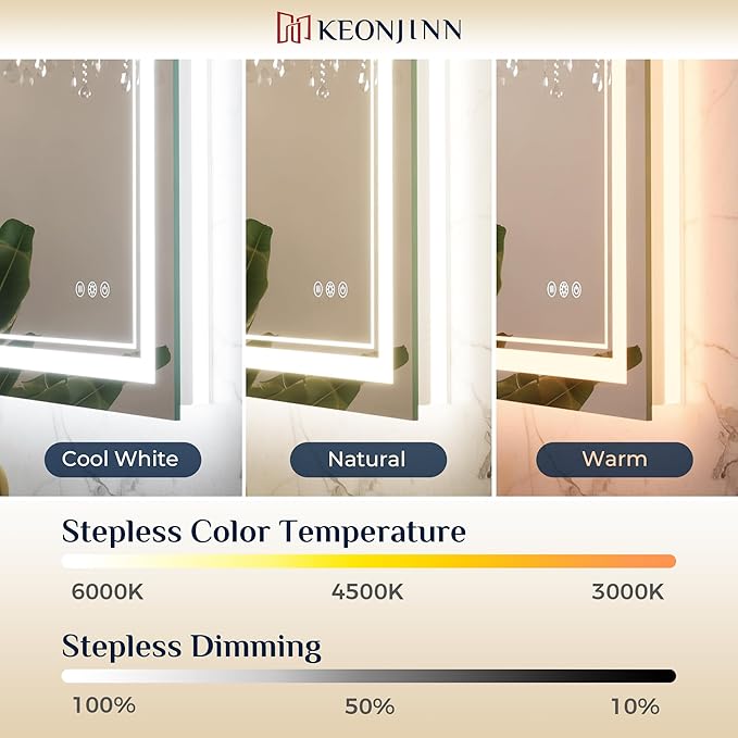 Keonjinn LED Bathroom Mirror 48” x 30” with Frontlit and Backlight, Stepless 3 Colors Temperature & Dimmable Wall Mirror, Tempered Glass, UL Listed LED Driver, Double Lights, Anti-fog Frameless Mirror