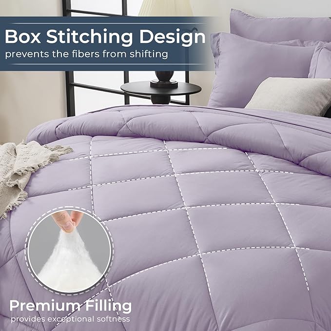 HEVUMYI King Purple Comforter Set - 7-Piece All Season Bed in a Bag King, Ultra Soft Bedding Set with Comforter, Flat Sheet, Fitted Sheet, Pillowcases, Pillow Shams, Lavender Purple