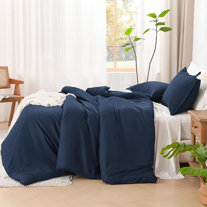 Litanika Navy Blue Oversized King Comforters Super King Size, 3 Pieces Lightweight Solid Bedding Comforter Set, All Season Fluffy Bed Set (120x120In Comforter & 2 Pillowcases)