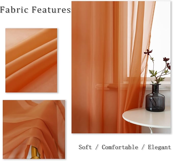 DUALIFE Burnt Orange Sheer Curtains 84 Inch Length for Bedroom 2 Panels Elegant Terracotta Grommet Top Drapes Sheer Curtain Panels for Living Room 52x84 Inches Long 7 FT Rust