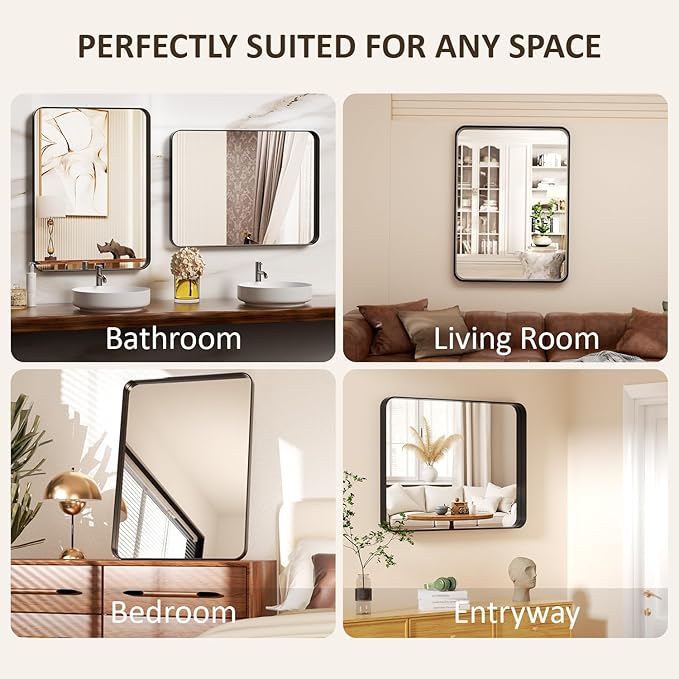 40×30 Black Vanity Mirror for Over Sink - Rectangular Bathroom Mirrors for Wall with Tempered-Glass & Rustproof Metal Frame for Restroom, Rounded Corners, Horizontal/Vertical, Explosion Proof