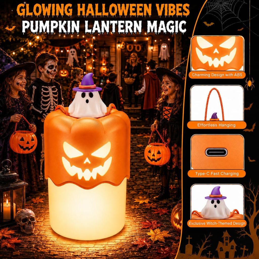 Rechargeable Halloween Pumpkin Lantern Light Collapsible Jack O Lantern 2 Pack | Witch Orange