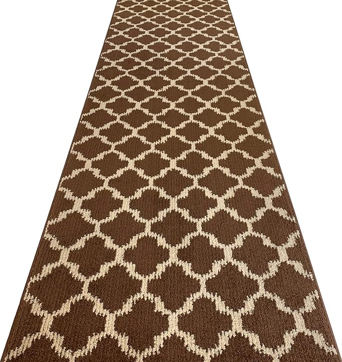 Custom Size Cut to Length Moroccan Trellis Design Runner Rug Mat For Wide Long Hallways with Non-Slip Rubber Backing, Better Traction for Pets, Prevent Slippage, Trellis Brown, 31 inch X 16 feet