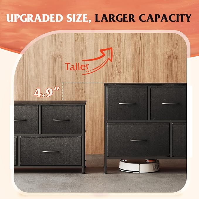 WLIVE Dresser for Bedroom with 5 Drawers, Long Fabric Dresser, Chest of Drawers, Storage Drawer Unit with Fabric Bins for Closet, Living Room, Hallway, Charcoal Black, Size L