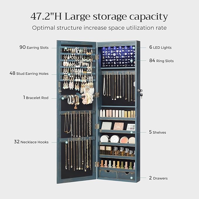 SONGMICS 6 LEDs Mirror Jewelry Cabinet, 47.2-Inch Tall Lockable Wall or Door Mounted Jewelry Armoire Organizer with Mirror, 2 Drawers, Christmas Gift, 3.9 x 14.6 x 47.2 Inches, Rustic Blue