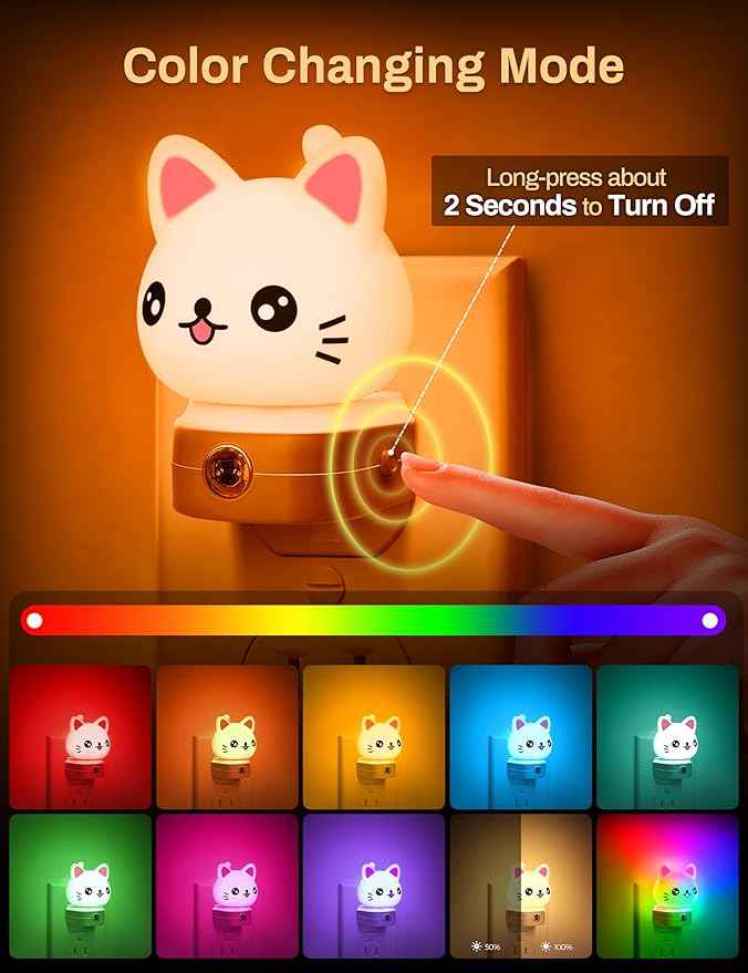 DORESshop Cat Night Lights Plug Into Wall [2 Pack], Cute Night Light for Kids, 8-Color RGB LED Night Light, Nightlight with Dusk to Dawn Sensor for Kids Room, Bathroom, Bedroom Décor, Children Gift