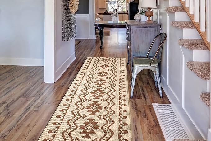 Custom Length Cut to Size Tribal Ethnic Southwestern Inspired Hallway Runner Rug, Non Slip Rubber Backed, 31 inch Wide X Customized Length, Aztec Beige, 31 inch X 9 feet