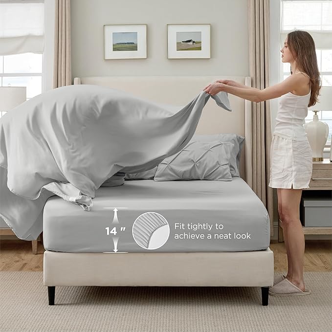 Bedsure Queen Comforter Set Light Grey - Bed in a Bag Queen Size Bedding 7 Pieces, GentleSoft™ Pintuck Bed Set Gift for Family, Pinch Pleat All Season Comforter with Sheets, Pillowcases & Shams